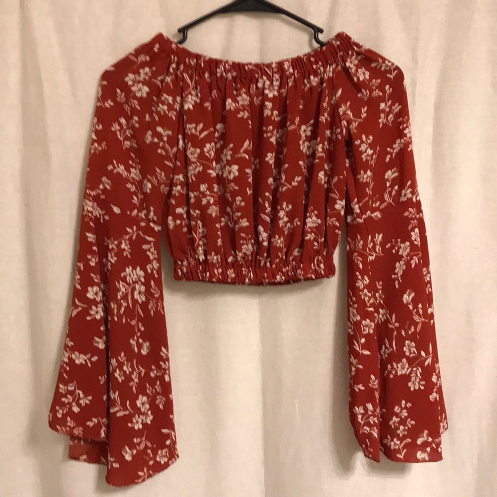 Red Floral Bell / Flare Sleeve Crop Top